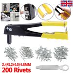 HEAVY DUTY HAND RIVET GUN 4 HEAD NOZZLE RIVETER PLUS 200 ASSORTED POP RIVETS NEW