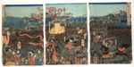 Yoshitora Woodblock Print Triptych: The Great Battle at Ikuta Forest Ukiyo-e