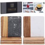 4pcs Coasters for Drinks Natural Marble Stone & Wood Dining Table Drinks Mat Set