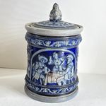 Antique Stoneware Lidded Tobacco Jar Blue Relief Figures Gnome Finial Lid Handle