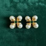 Schiaparelli STYLE Pearl Cross Flower Earrings Gold Stud VTG Baroque Statement