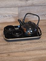 Vintage Japanese Style Black Teapot Set Ceramic Chrysanthemum Floral Tray