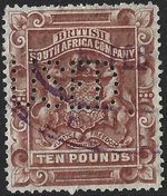Rhodesia 1892-93 £10 Brown  SG.13 Used Cat:£700  Perfin & Fiscal Cancel