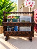 Vintage Carved Wooden Magazine Rack Rustic Black Forest Style Log Holder MCM