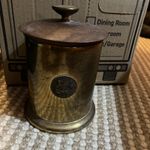 Brass and Wood Tabacco Jar with Italian Crest. 8 Inch Tall Vintage