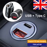 USB + TYPE C 2 Port Fast Car Charger Cigarette Socket Adapter For iPhone Samsung