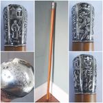 Antique Walking Stick Cane Chinese Silver Malacca 19th Century Figures Dragon