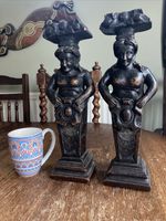 Antique Pair Oak Carved Statues Wooden