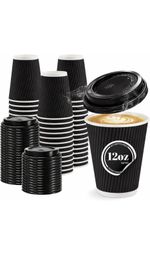 500 X 12oz Black Disposable Coffee Cups & Lids | Ripple Triple Wall Paper Cups