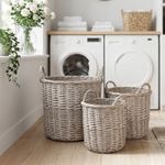 Grey Wash Wicker Storage Basket, Wicker Log Baskets with Handle & Lining Laundry