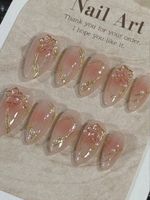 10 Pcs Handmade Press On Nails, Almond Nails, Inlaid With Golden Flower Strips