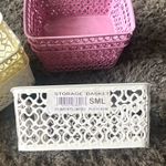 Plastic Lattice Rectangular Storage Basket with Handles, Stackable White/Purple