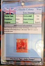 British Empire, Grenada Colony, King George V, War Tax stamp 1916