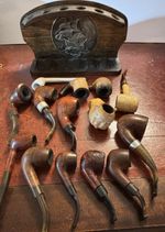 Collection 14 Vintage Pipes And Antique Rack Various incl Meerschaum heads