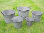 Set Of 5 Galvanised Metal Zinc Tub Planters Large Round Dolly Garden Drum Pots