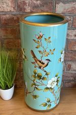 Turquoise Blue Floral and Birds Ceramic Umbrella/Walking Stick Stand /Large Vase