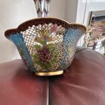 Chinese Cloisonne Bowl Blue Enamel Floral Design Scalloped Edge