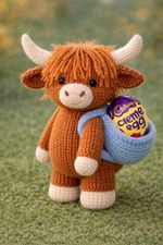 Knitted Knitting DK Highland Cow Creme Egg Holder Pattern Only 20cm tall Craft