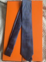 Vintage Hermès Paris Silk Tie – Navy Royal Blue with Gold H Pattern – 100% Silk 