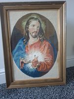 Vintage Sacred Heart of Jesus finished  Needlepoint Tapestry Religious Icon Art