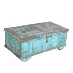 Antique Turquoise Blue Surti Coffee Table Chest – Indian Teak Trunk with Wheels