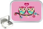 Pink Love Owl's .Silver Hinged Tobacco Tin, Sewing Kit .Pill Box, 1oz & 2oz