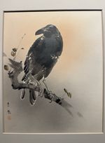 Antique Japanese Shin Hanga School Painting “Crow In Sunset” Circa 1890-1900