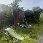 Metal Kids Swing Set with Round Nest Swing, Belt Swing and Slide