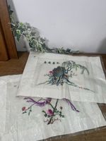 2 Vintage Chinese Embroidery On Silk Peacock And Birds 48cm By 33cm