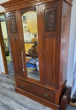 Antique Edwardian Carved Mahogany Wardrobe with Mirror & Drawer