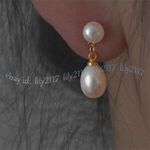 Genuine 7-8mm Natural White South Sea Pearl Dangle Gold Stud Earring Jewelry