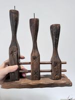 Set of candlesticks with a rustic-Made of wood and metal. - Black and brown.