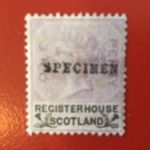 GB QV Fiscal 1d REGISTER HOUSE SCOTLAND, SPECIMEN. Xlnt stamp, very RARE 