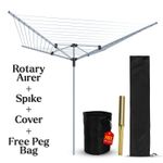 4 Arm Garden 60m Rotary Airer Clothes Dryer Washing Line W/ Ground Spike & Cover