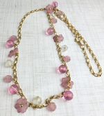 Vintage Gold Tone Pink Clear Flower Bead Necklace 25" Signed Trifari