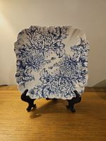 Old Foley James Kent Scalloped Dish Blue White Chrysanthemum  Staffordshire, Eng