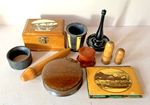 JOB LOT 10 ANTIQUE WOOD ITEMS MAUCHLINE  EBONY RING STAND MEDICAL BOTTLE ETC