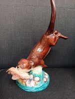 Signed Hand Painted Porcelain Figurine Swimming Otter With Fish