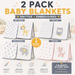 2 Pack Baby Blankets 100% Cotton Knitted Ribbed Embroidered Soft Nursery Crib