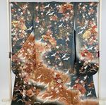 Dark Gray Green Furisode Japanese Kimono Pure Silk Fan Floral Pattern
