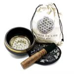 Hand Beaten Engraved Singing Bowl Gift Set 14cm Flower of Life Mallet Cushion
