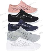 WOMENS CANVAS SHOES TRAINERS CASUAL PLIMSOLLS LACE UP FLAT EMBROIDERED PUMPS