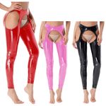 Women Wet Look PVC Leather Open Crotch Leggings Thigh-High Suspender Pants Sexy