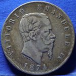 ITALY, SILVER 5 LIRE 1871, VITTORIO EMANUELE II, KM.8, EXCELLENT SEE PHOTOS
