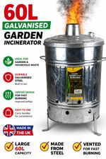 60L Garden Incinerator Bin Galvanised Steel Burner Wood Paper Leaves Cardboard