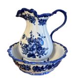 Rare VTG Blue And White Cracker Barrel 64 Oz Floral Pitcher And Bowl Mint!!!