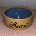 Personalised Ceramic Standard Dog Bowl Beige Exterior Blue Interior “Beast”