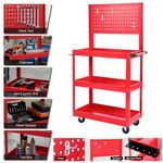 Tool Storage Trolley Wheel Cart with Pegboard 3 Tier Shelf Cabinet Drawer