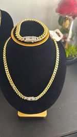 Gold-Tone Cuban Curb Link Necklace & Bracelet Jewellery Set with Pavé Clasp