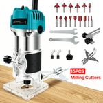 1200W 1/4" 35000R Electric Hand Trimmer Palm Router Wood Laminator+15PCS Bit Set
